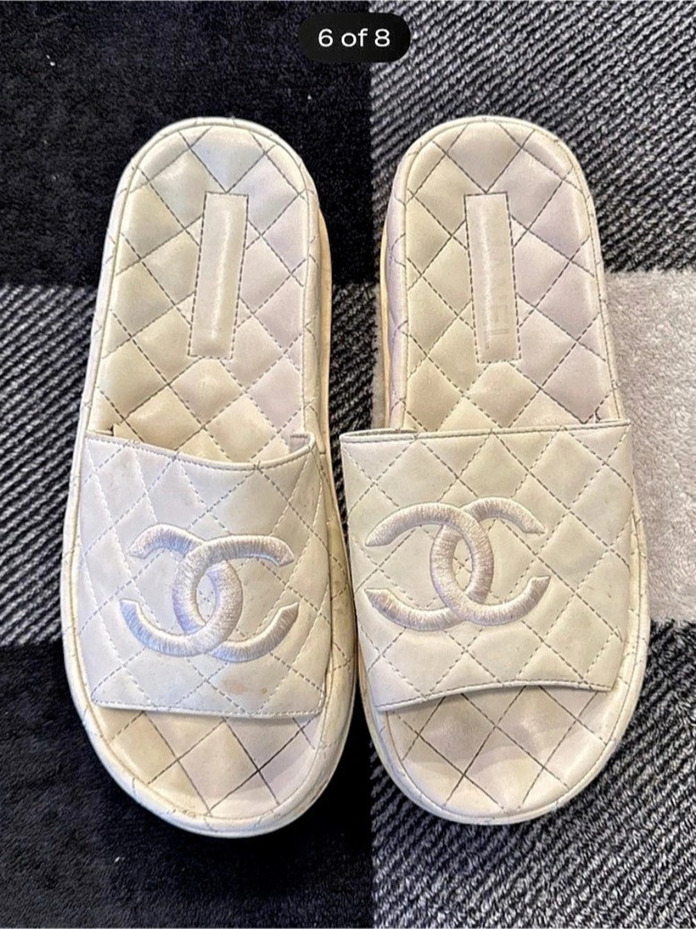 Chanel Quilted CC Logo Leather Slide Sandals Cream